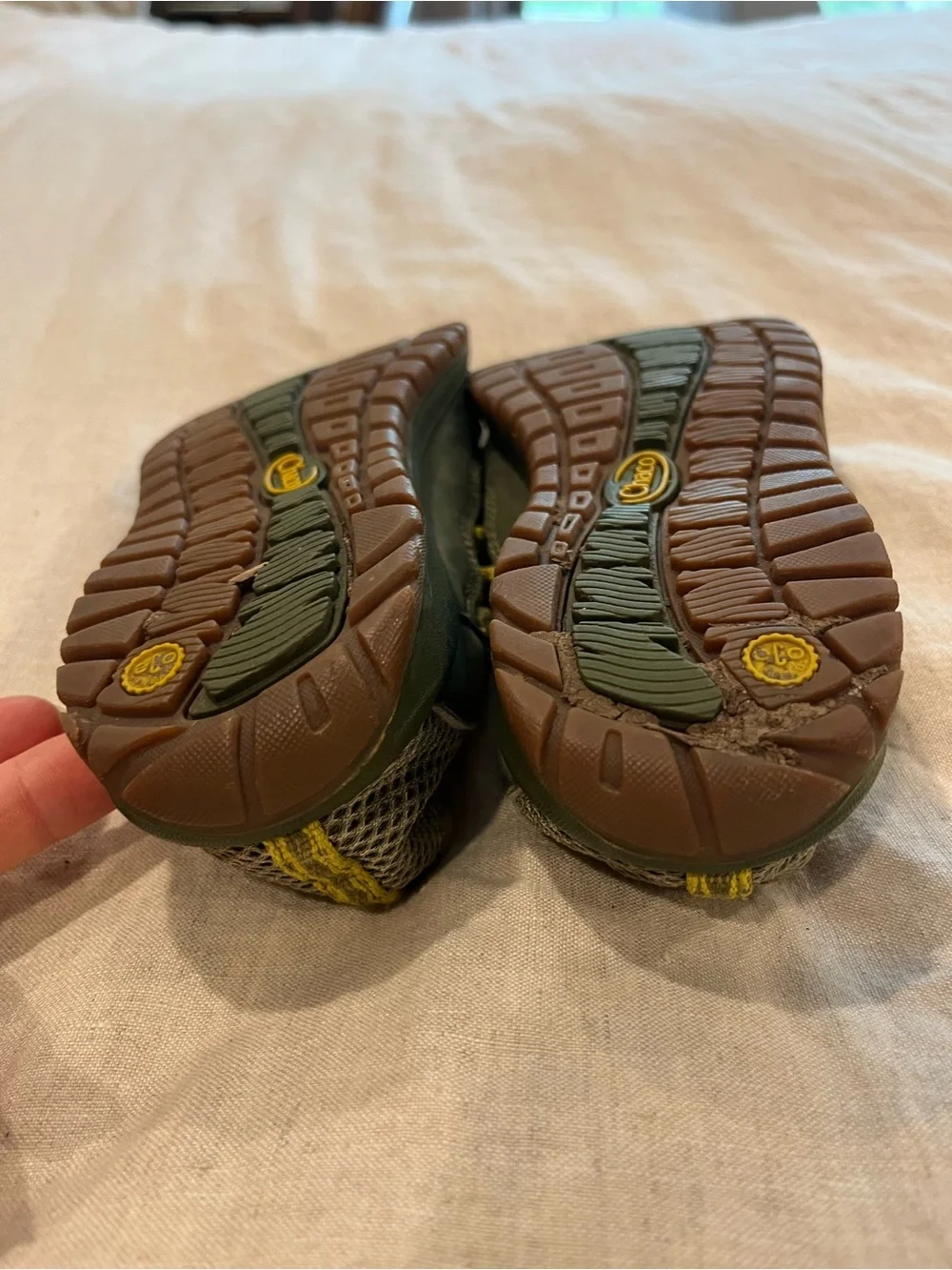 Chaco kids Athletic Trail Shoes in Olive Green and Yellow Accent